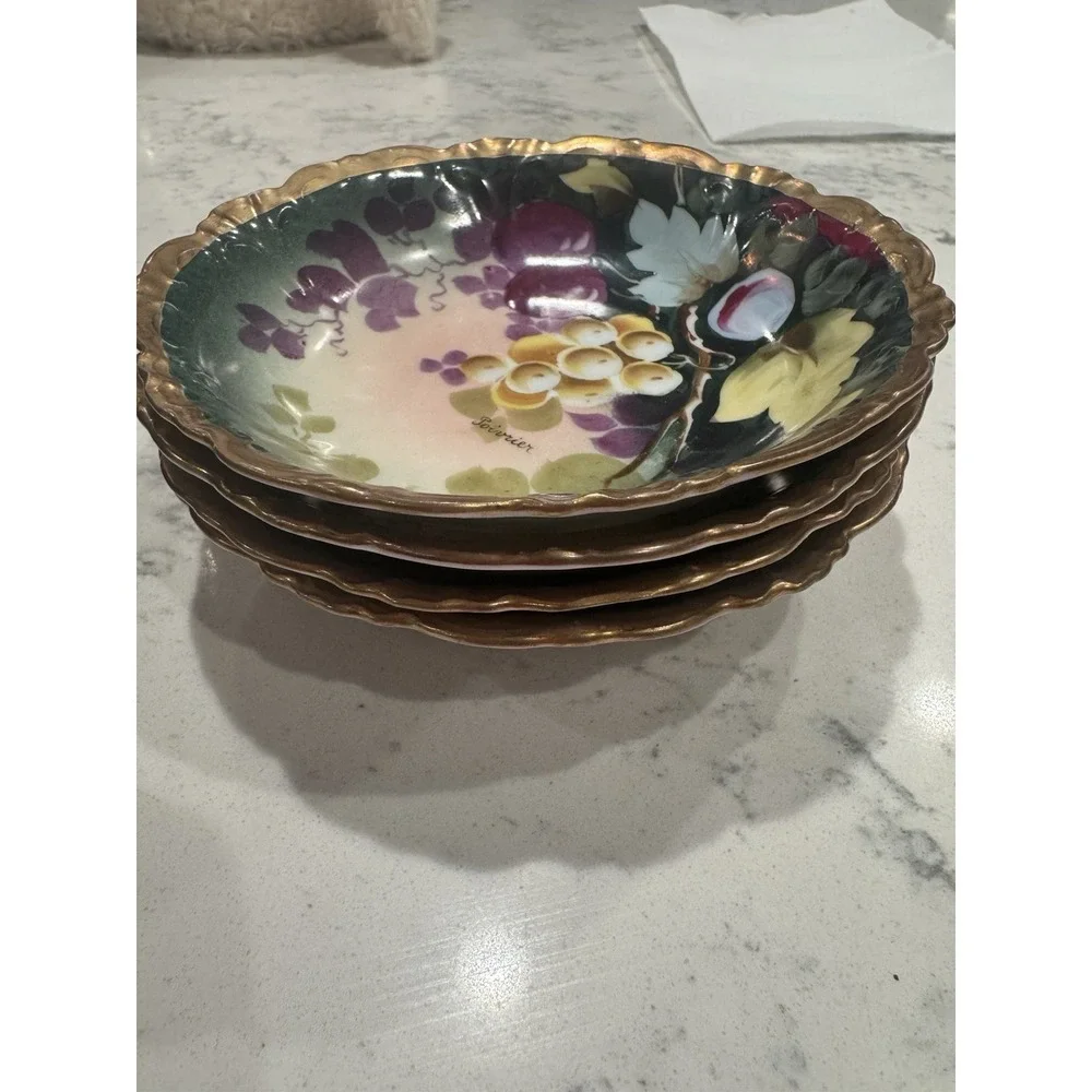 Set of 4 Antique Hand Painted Porcelain Bowls Made In Austria. Gold Trim, Signed